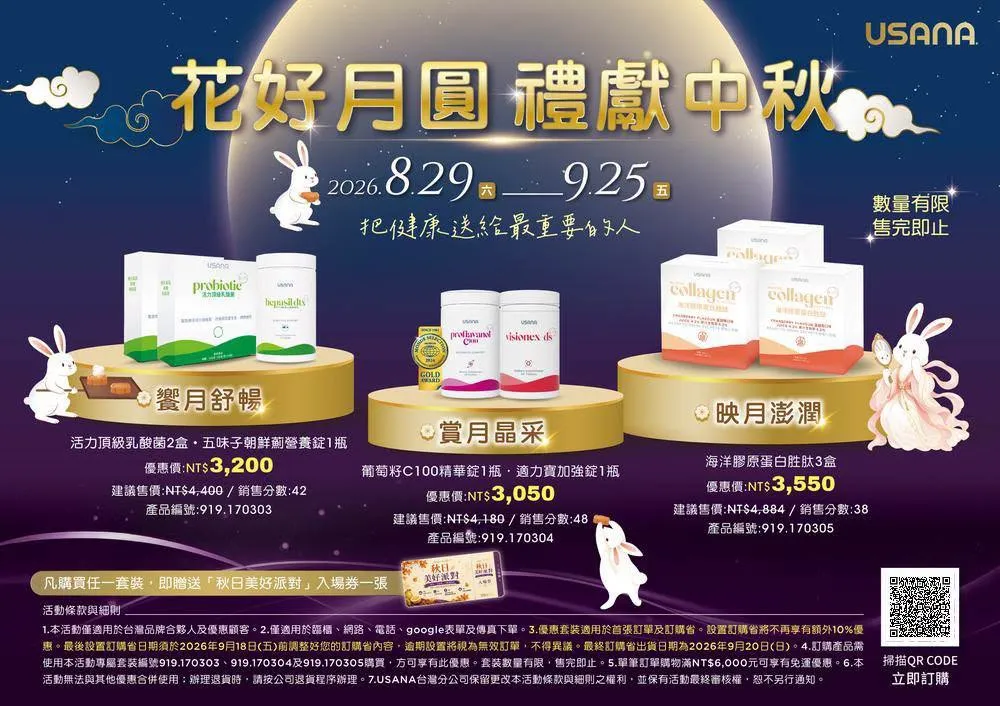 USANA 「花好月圓 禮獻中秋」限時優惠套裝，共有饗月舒暢、賞月晶采、映月澎潤三組限定套裝
