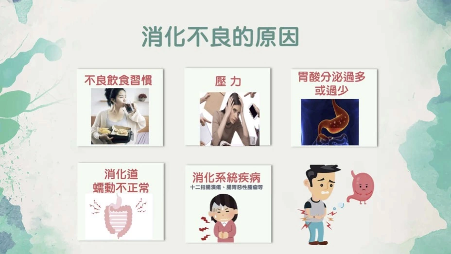不良的飲食習慣、壓力、胃酸分泌過多或過少、消化道蠕動不正常、消化系統疾病，都是造成消化不良的原因。